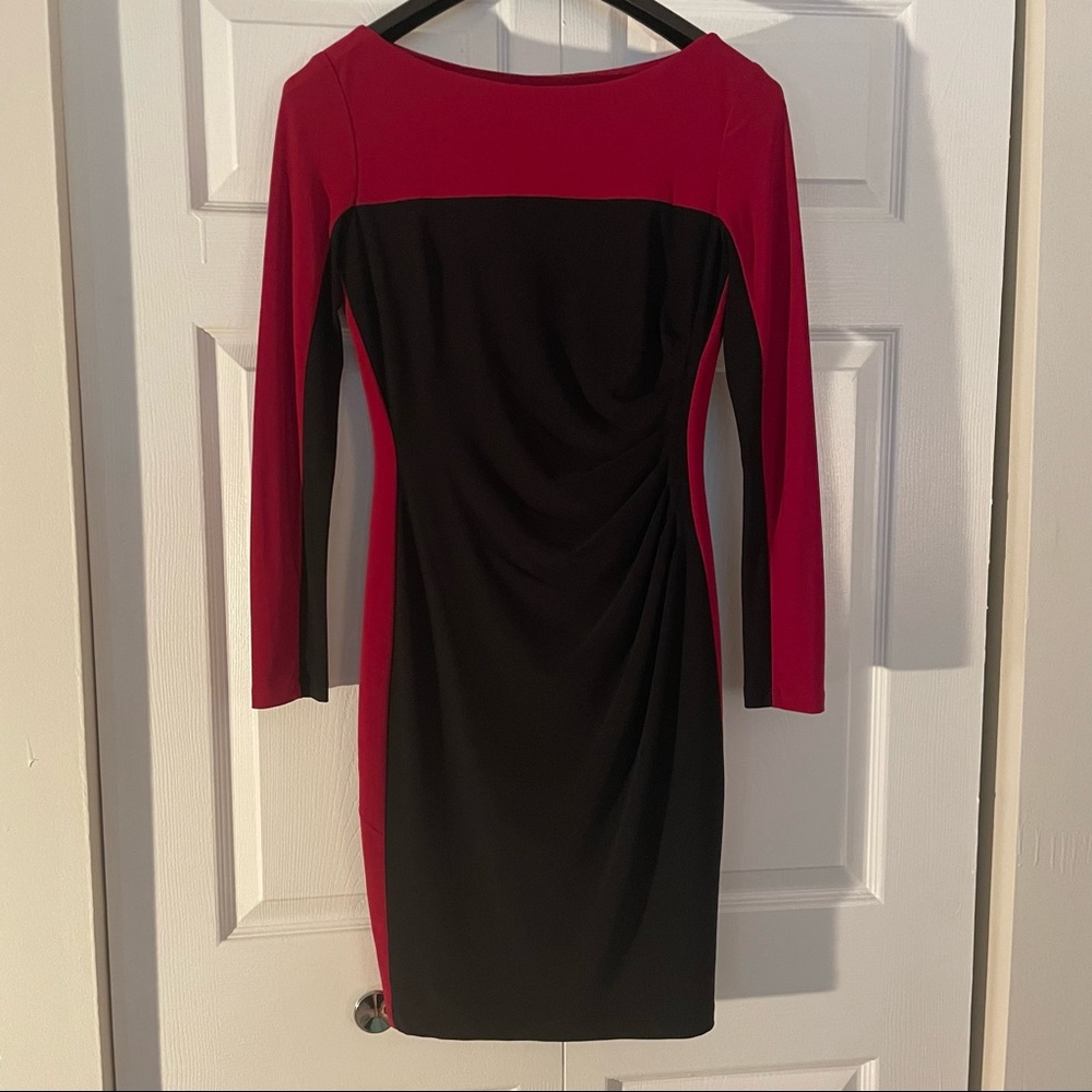 Chaps, red and black, long sleeve sheath dress, small